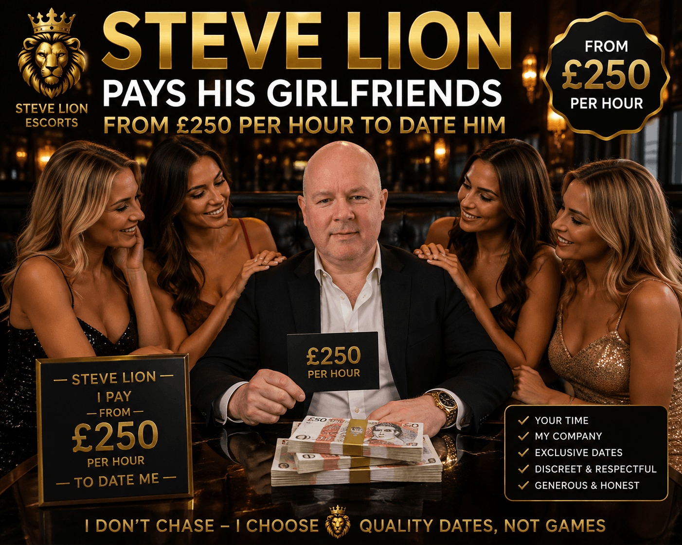 £250 an hour to date Steve Lion